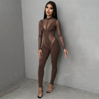 Damen Eleganter Catsuit mit transparenten Einsätzen und hohem Kragen EB