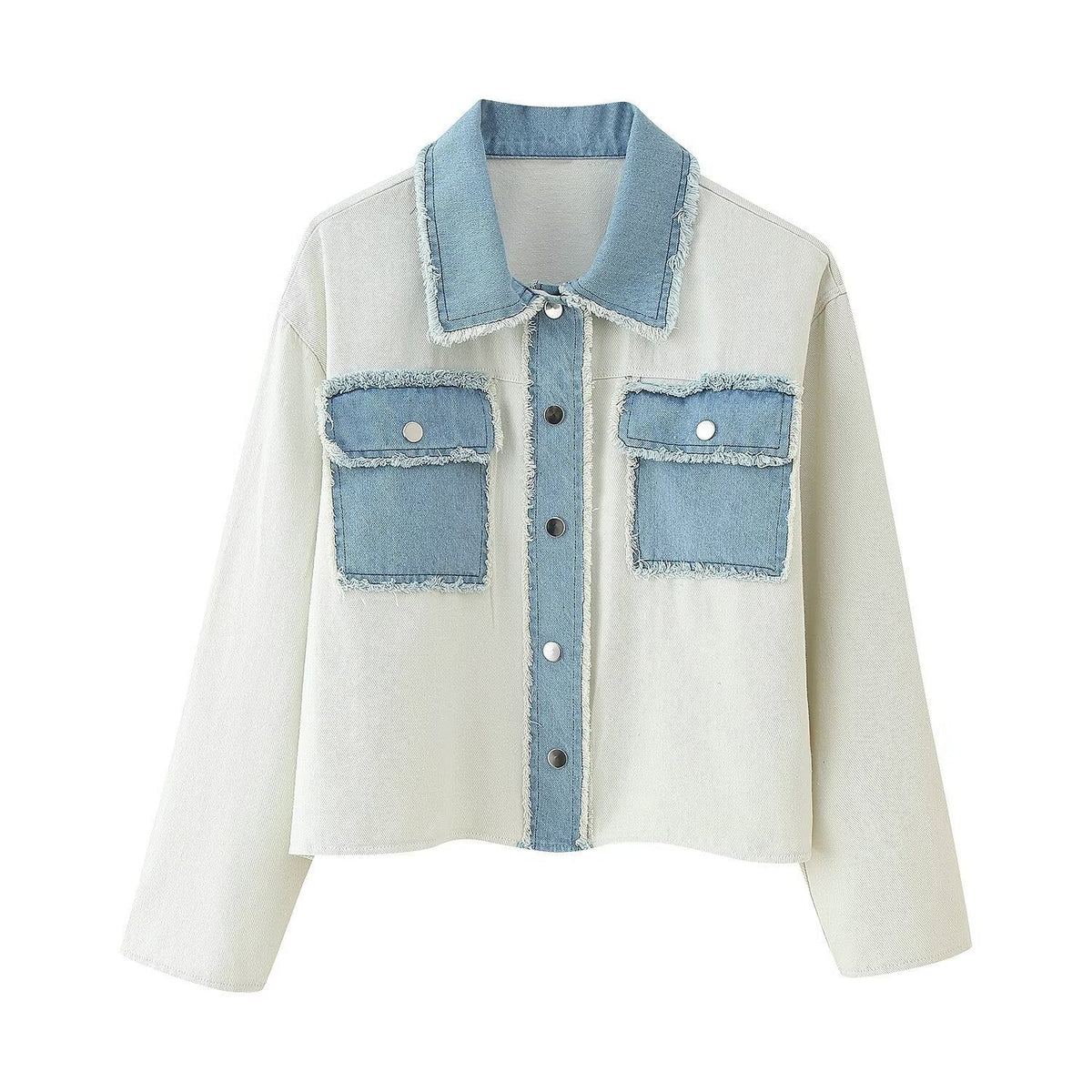 Damen cropped Denimjacke mit kontrastierenden Taschen und fransigem Saum EB