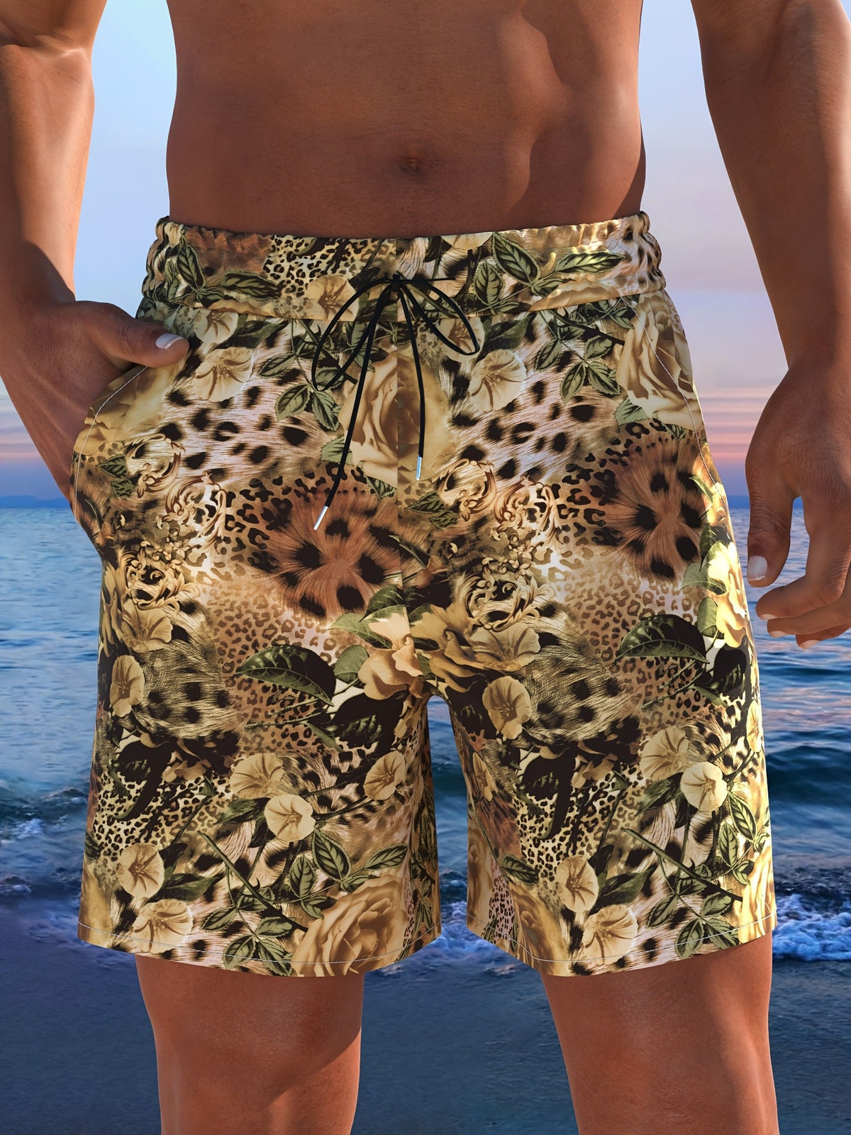 Herren Badeshorts mit animalischem Muster und elastischem Bund EB