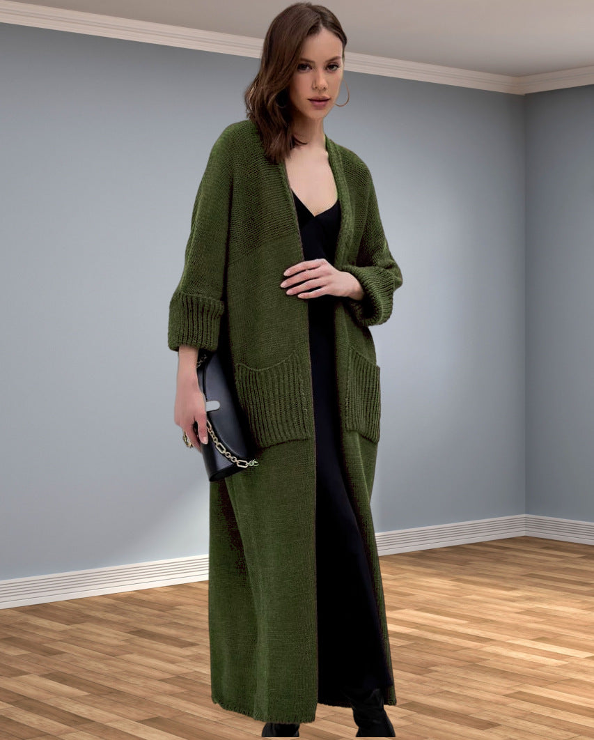 Damen Grobstrickmantel mit praktischen Taschen und elegantem V-Ausschnitt EB