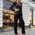 Damen Funkelnder Jumpsuit mit Figurschmeichelndem Schnitt und Elegantem V-Ausschnitt EB