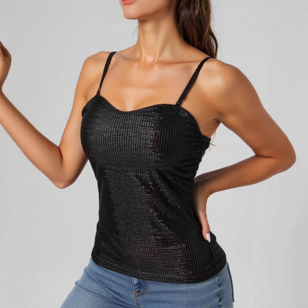 Damen elegantes Spaghettiträgershirt mit luxuriösem Paillettenbesatz und feinem Rippstrick EB