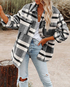 Damen Karomuster Oversized Hemdjacke EB