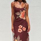 Damen elegantes Maxikleid mit floralem Design und seitlichem Schlitz EB