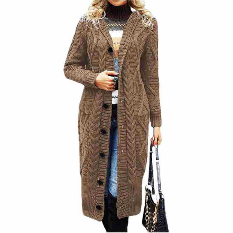 Damen Eleganter Strickmantel mit tiefem V-Ausschnitt und aufwendigem Zopfmuster EB