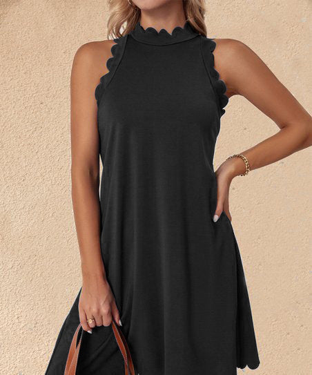 Damen ärmelloses Kleid mit Scalloped-Ausschnitt und fließendem Schnitt EB