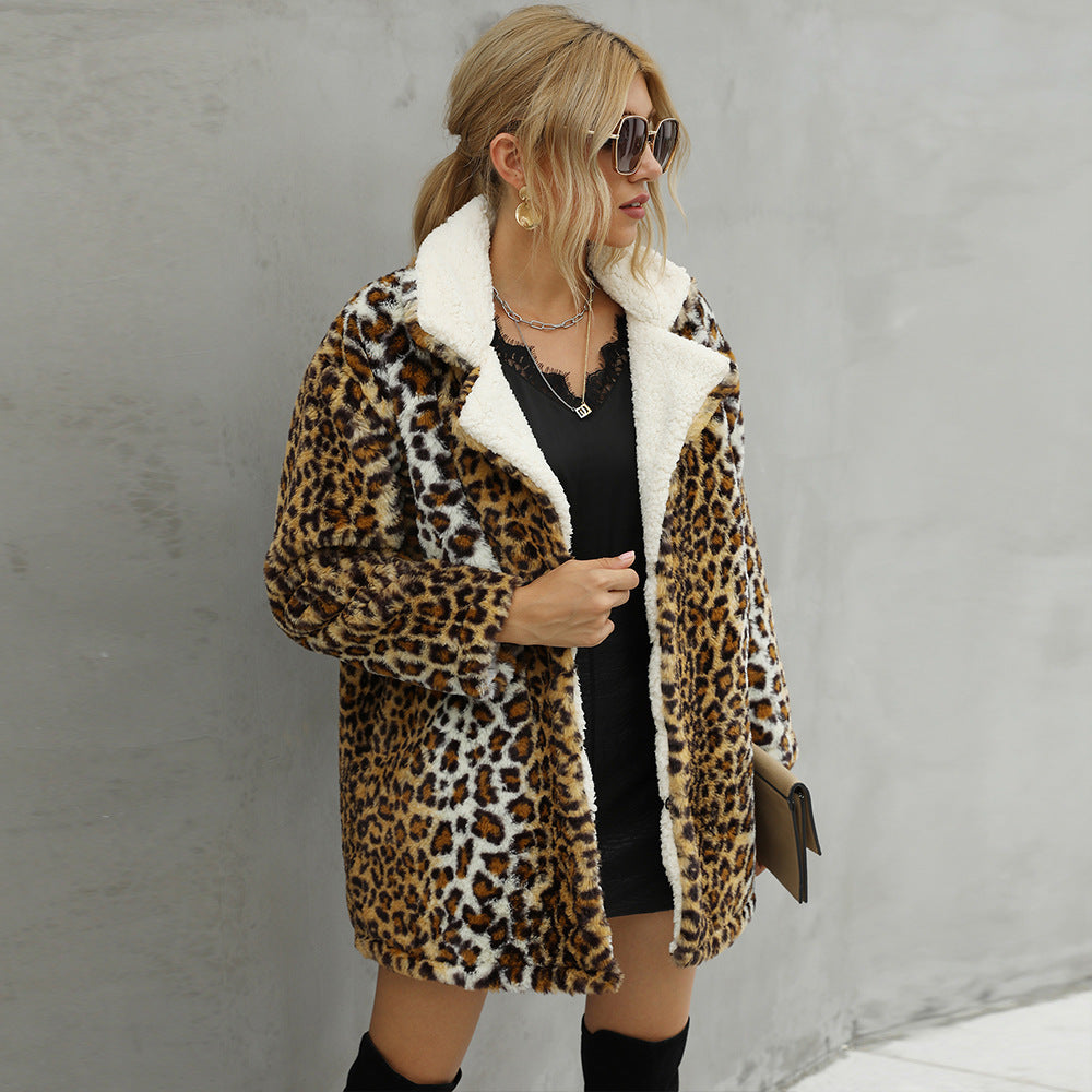 Damen Kunstfelljacke mit modischem Leopardenmuster und weichem Innenfutter EB