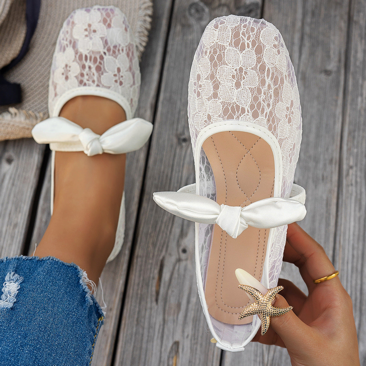 Damen elegante Ballerinas mit floralen Applikationen und rutschfester Sohle EB