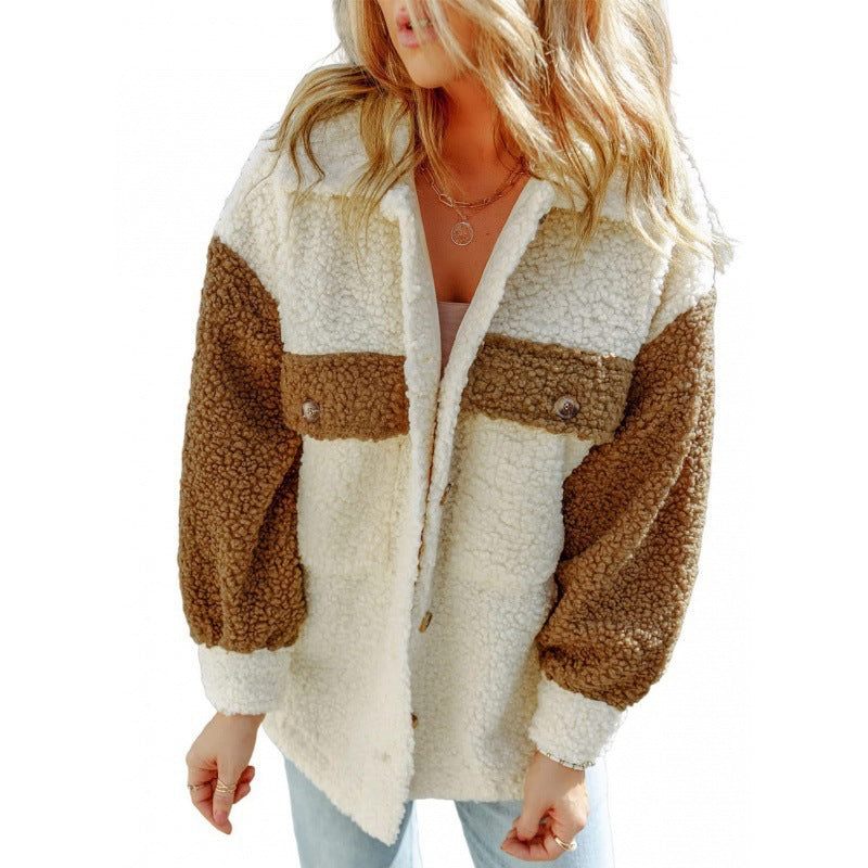 Damen kuschelige Teddyjacke mit praktischen Brusttaschen EB
