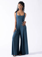 Damen Eleganter Jersey Jumpsuit mit weitem Bein und tiefem Ausschnitt EB