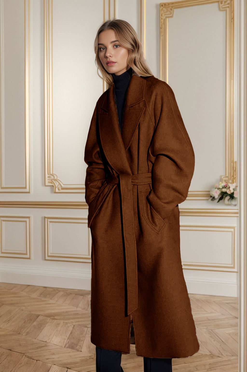 Damen eleganter Wollmantel mit Gürtel und weit geschnittenen Ärmeln EB