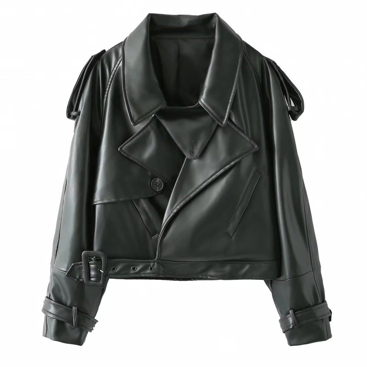 Damen Kunstleder Bikerjacke im modischem Cropped-Design mit taillierbarem Gürtel und dekorativen Knöpfen EB