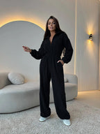 Damen eleganter Jumpsuit mit kurzem Reißverschluss und elastischem Bund EB