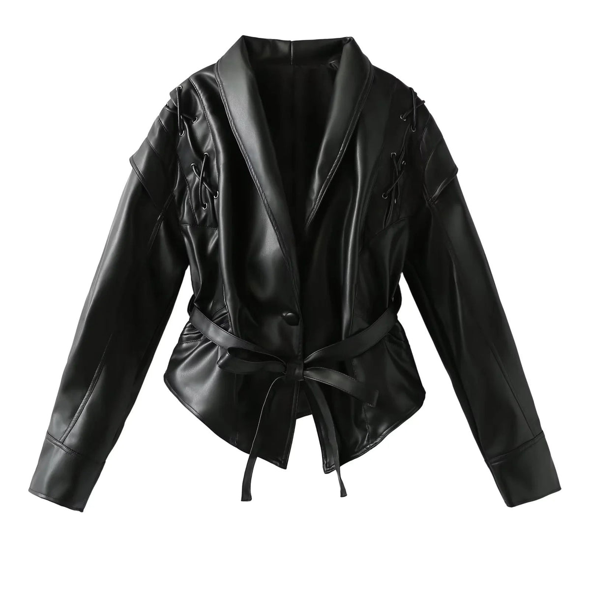 Damen Kunstlederblazer im modernem Design mit praktischem Gürtel EB