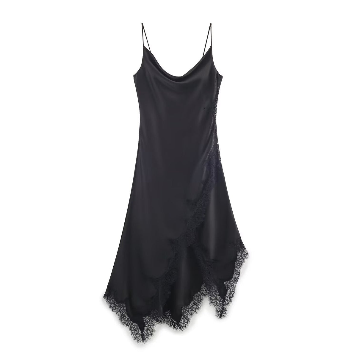 Damen edles Spaghetti-Trägerkleid mit zarter Spitze und fließendem Satin EB