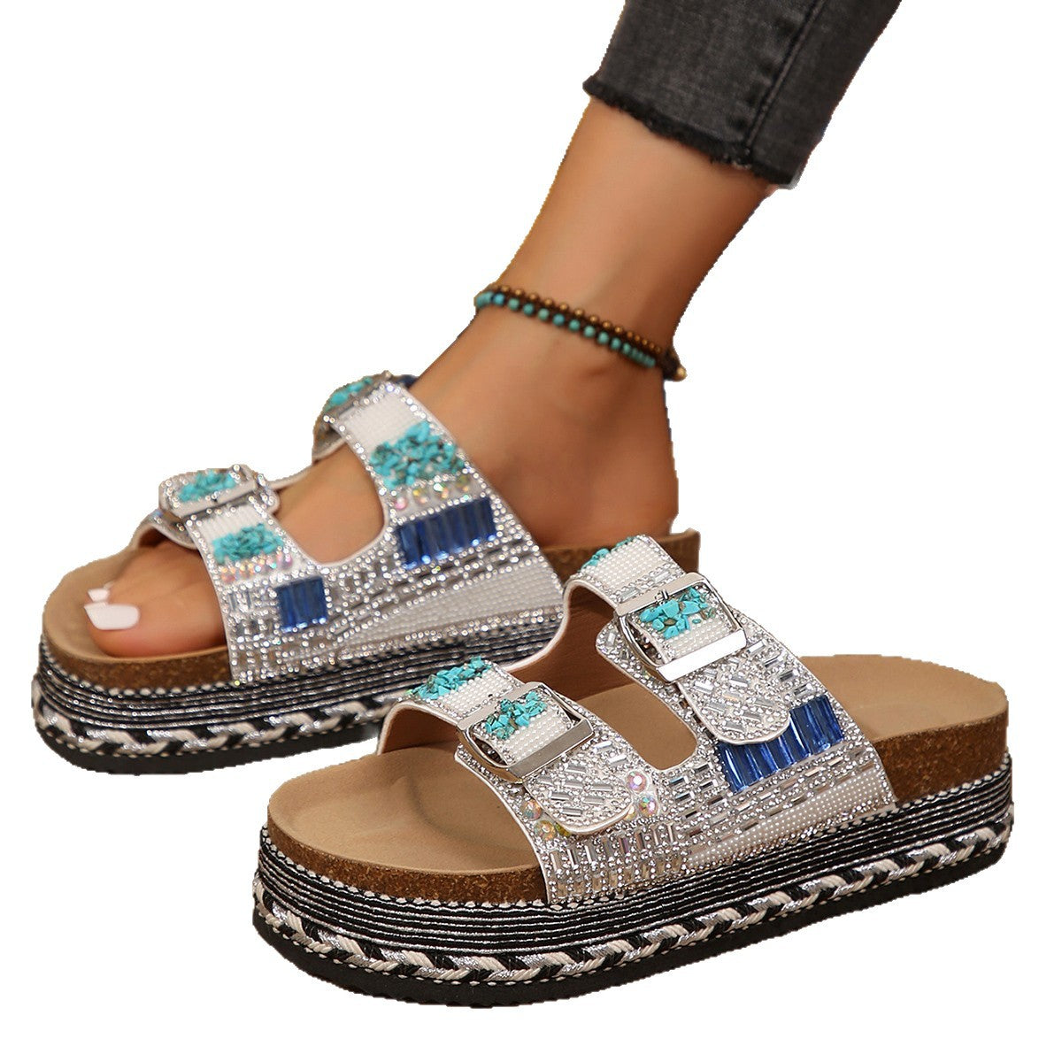 Damen Dekorative Zehentrenner-Sandalen mit breiten Riemen und funkelnden Akzenten EB