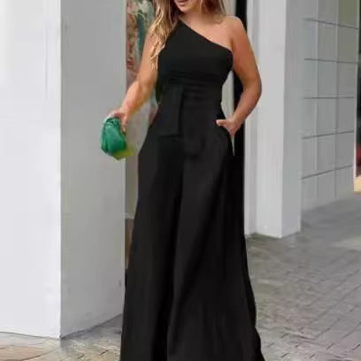 Damen Eleganter Jumpsuit mit asymmetrischem Ausschnitt und Taillengürtel EB