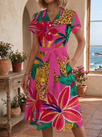 Damen Blühendes Midikleid mit taillierbarem Gürtel und kunstvollem Print EB