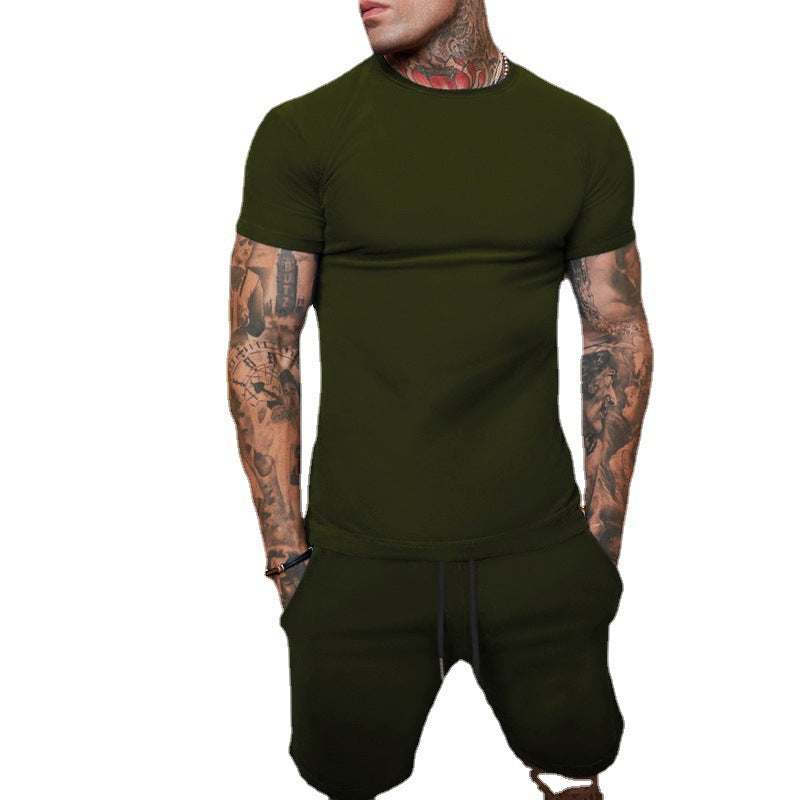 Herren nan schlankes Jersey-Set mit Rundhalsshirt und elastischer Tunnelzug-Shorts EB