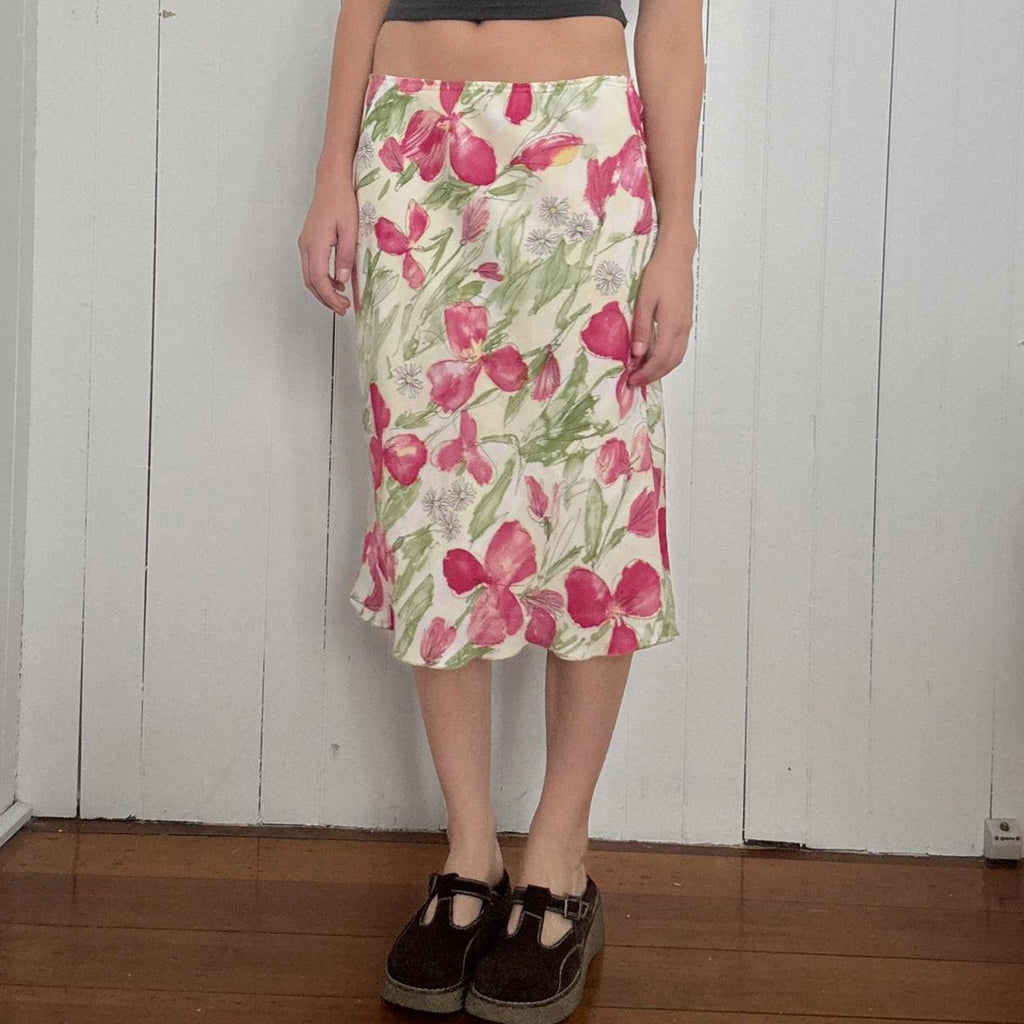 Damen eleganter Midirock mit floralen Motiven und schwingendem Schnitt EB
