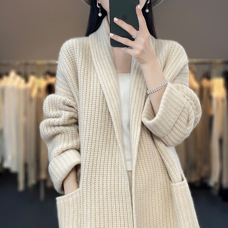 Damen Grobstrick Cardigan mit eleganten Revers und Taillengürtel EB