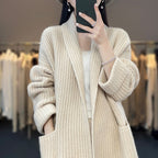 Damen Grobstrick Cardigan mit eleganten Revers und Taillengürtel EB