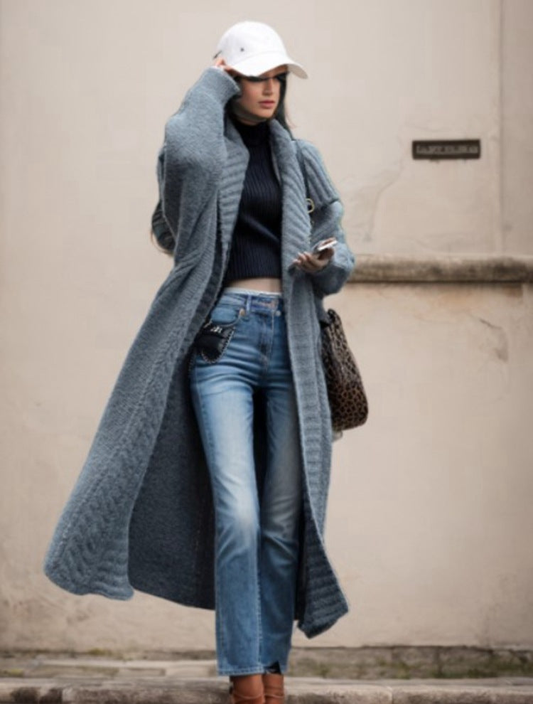 Damen Oversized Strickmantel mit voluminösen Ärmeln und elegantem Revers EB