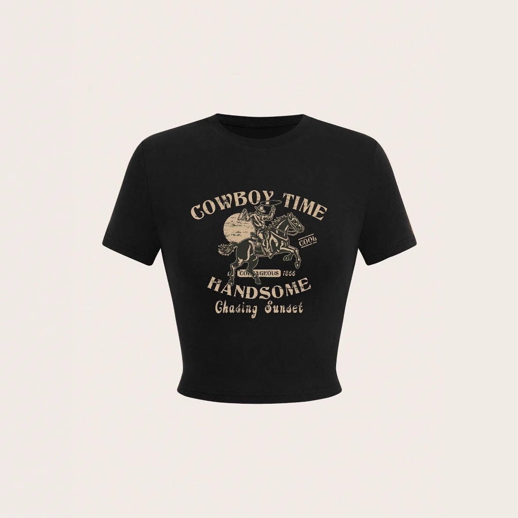 Damen Crop-Shirt mit auffälligem Cowboy-Motiv und stilvollem Schnitt EB