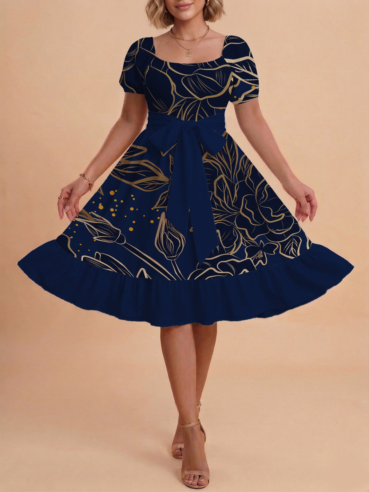 Damen A-Linien-Kleid mit floralen Motiven und taillierbarem Gürtel EB