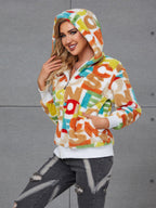 Damen Flauschige Kapuzenjacke mit buntem Muster und praktischen Taschen EB