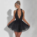 Damen Ärmelloses Minikleid mit tiefem V-Ausschnitt und funkelndem Glitzer EB