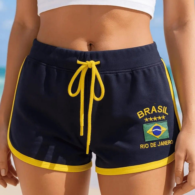 Sportive Retro-Sweatshorts für Damen mit Stickerei und Kordelzug
