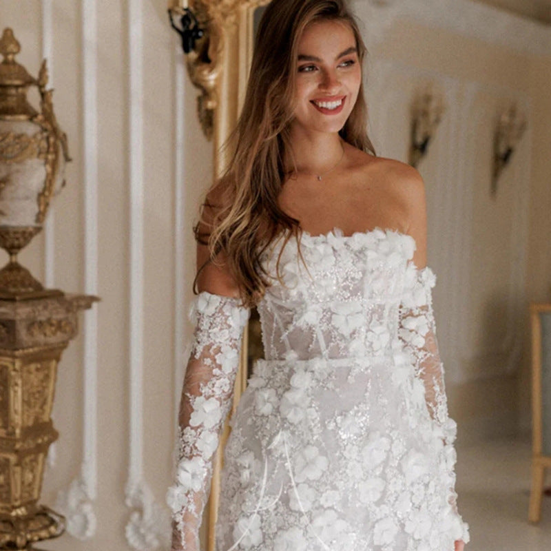 Damen Elegantes Maxikleid mit floralen Applikationen und transparenten Ärmeln EB