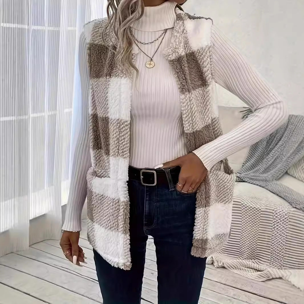 Damen Flauschige Weste mit Karomuster und Taschen EB