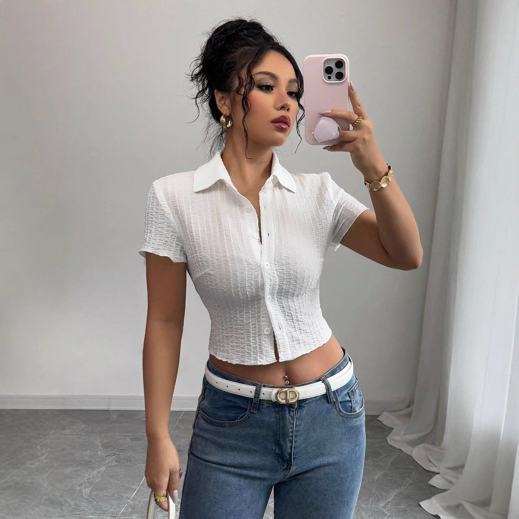 Damen Cropped Hemdbluse mit strukturiertem Material EB