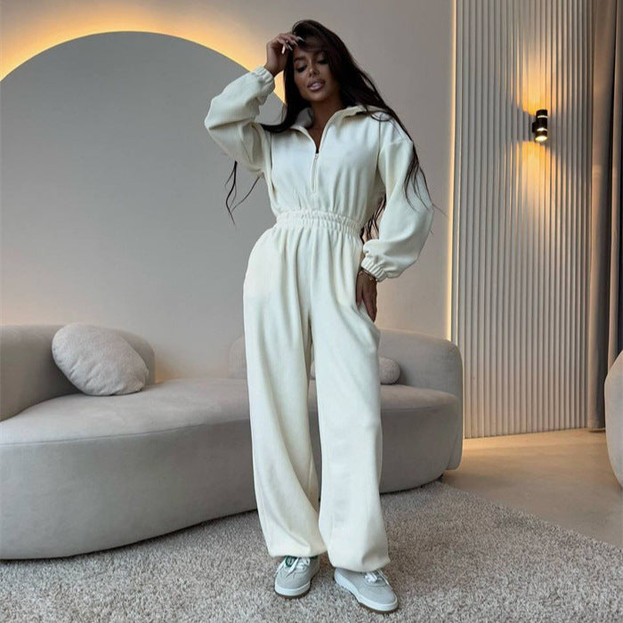 Damen eleganter Jumpsuit mit kurzem Reißverschluss und elastischem Bund EB