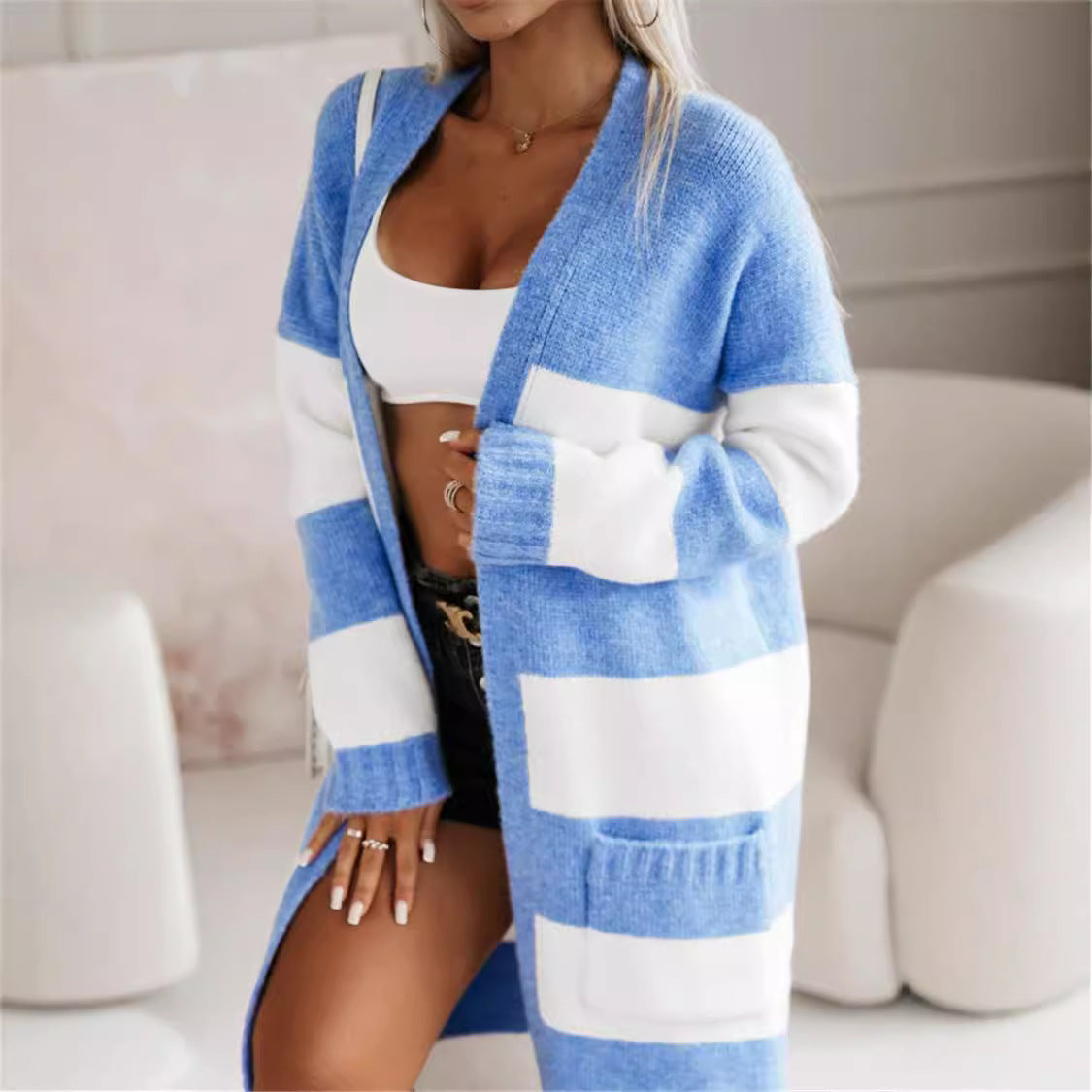 Damen lässiger Strickmantel mit großen Streifen EB