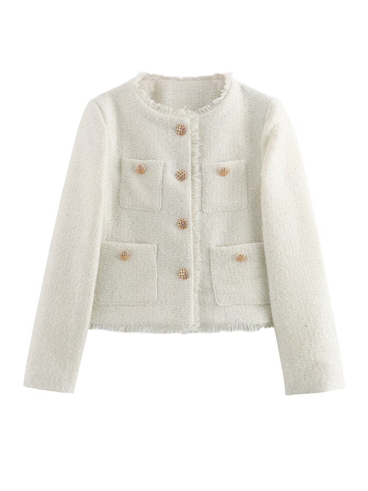 Damen elegante Tweed-Jacke mit Fransen und dekorativen Knöpfen EB