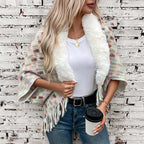 Damen eleganter Poncho mit luxuriösem Kunstfellkragen und Fransen EB