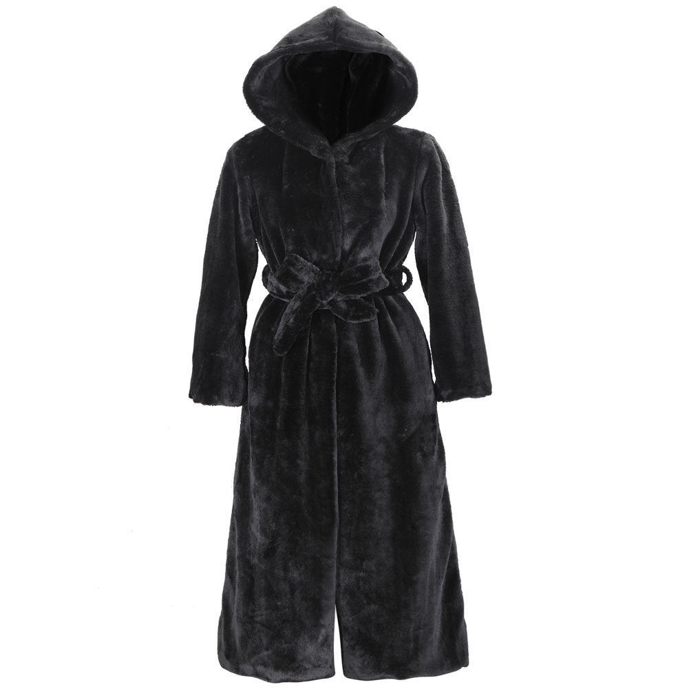 Damen Luxus Kunstfellmantel mit Kapuze und breitem Gürtel EB