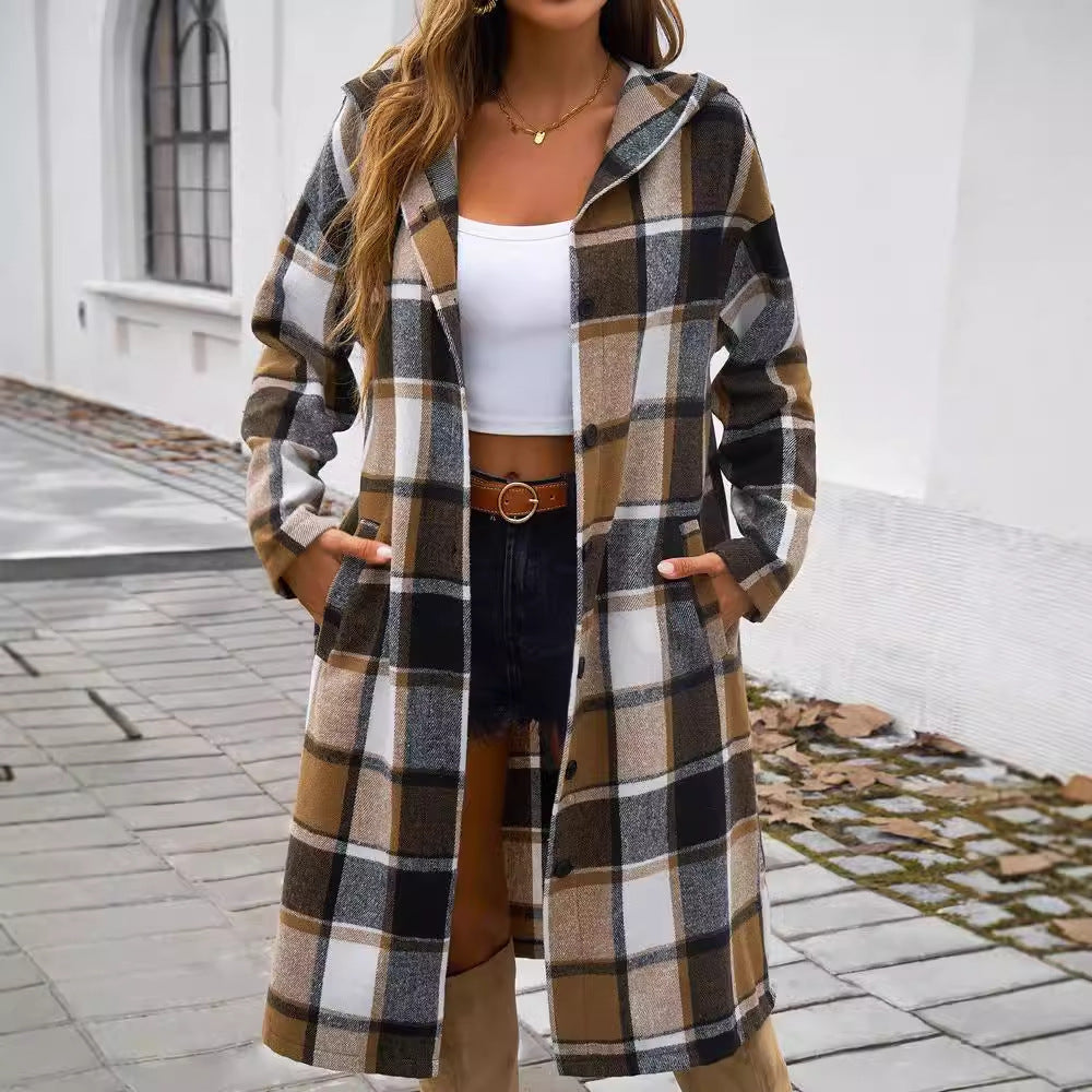 Damen Karierter Mantel mit moderner Schnittführung und praktischem Taschen-Design EB