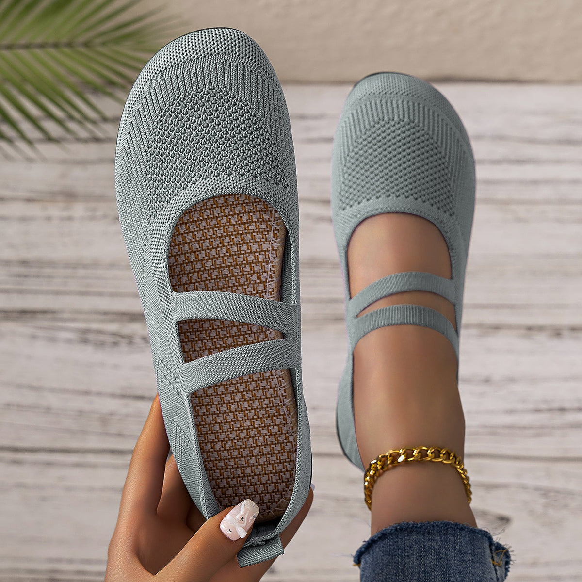 Damen bequeme Ballerinas mit elastischen Riemen und atmungsaktiver Mesh-Oberfläche EB