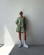Damen lässiges Oberteil und Shorts-Set mit V-Ausschnitt und weitem Schnitt EB