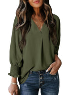 Damen V-Ausschnitt Bluse mit lässigen Ballonärmeln und Rüschendetails EB