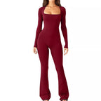 Damen nan figurbetonter Langarm-Jumpsuit mit quadratischem Ausschnitt und ausgestellter Schlaghose EB