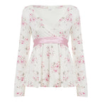 Damen nan florales Wickelshirt mit V-Ausschnitt, tailliertem Empire-Schnitt und breitem Satinband EB