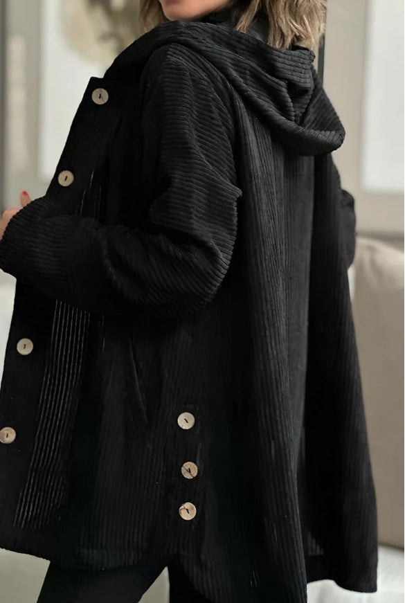Damen Fleece-Hoodie-Mantel mit Knopfleiste und geripptem Design EB