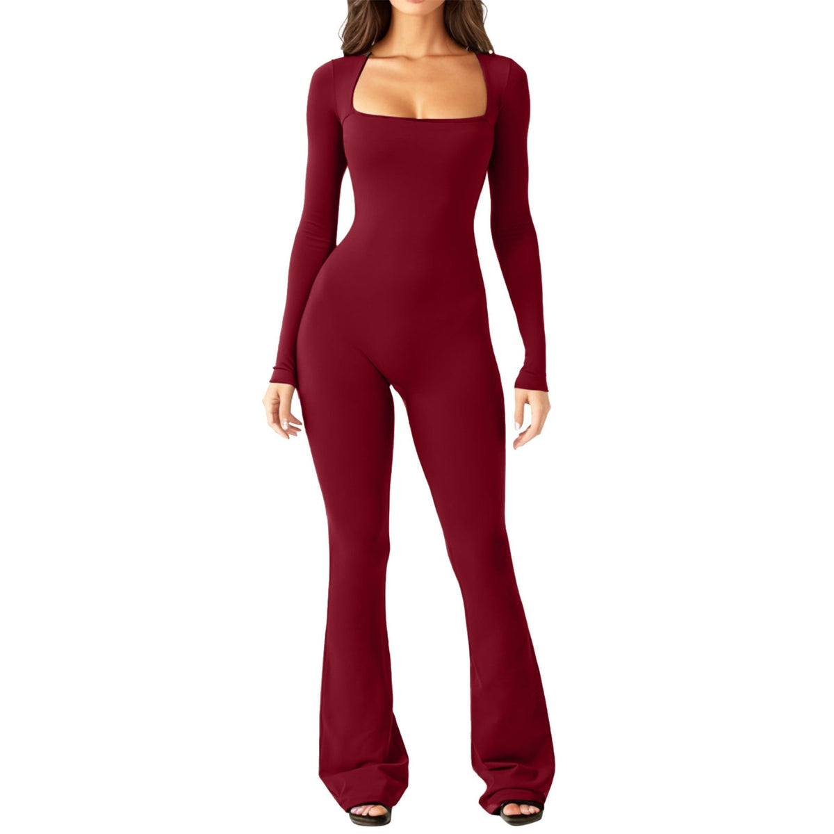 Damen Eleganter Langarm-Jumpsuit mit weitem Bein und tiefem Ausschnitt EB