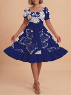 Damen A-Linien-Kleid mit floralen Motiven und taillierbarem Gürtel EB