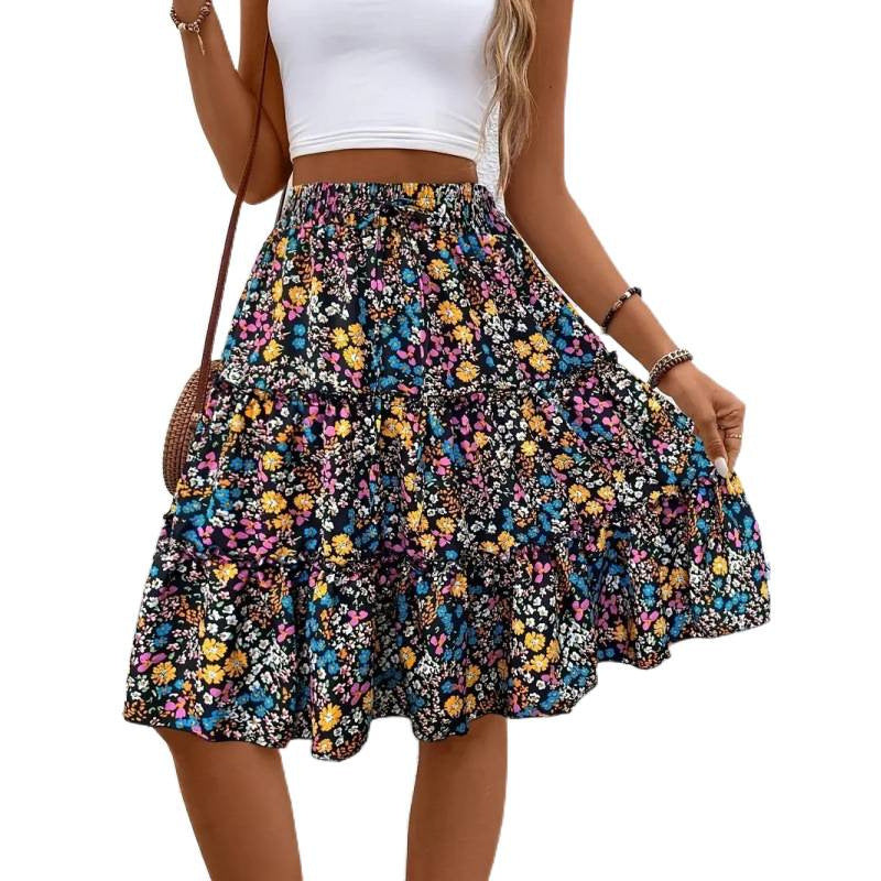 Damen Floral Midi-Rock mit voluminösem Schnitt und elastischem Bund EB